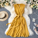 Pbong  Korean Fashion Women Dress Summer Casual Solid Sleeveless Sash Bandage Black Dress Vintage Elegant Lady Vestidos
