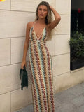 Women Colorful Printing Crochet Knit Long Dress Sexy Deep V-neck Backless Sleeveless Bodycon Robe 2025 Lady Vocation Dresses
