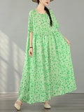 Bohemian Print Maxi Dress round Neck Short Sleeve plus Size Summer New Style Women's Clothing Commute Loose Waist Cotton Linen