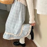Autumn Winter Y2k Skirts Blue Plaid Woolen Vintage Plaid Lace Splicing Skirt High Waist Slimming A Word Long Skirt