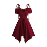 2025 Women's Cold Shoulder Dresses Lace Up Asymmetric Dress Tie Knot Shoulder Chain Solid Color Short Sleeve Dress