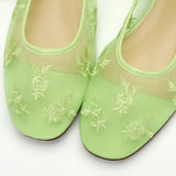 Pbong  Green Embroidered Mesh Ballet Flats for Women Square Toe Elastic Band Slip on Mary Janes Shoes Ladies Casual Soft Summer Loafers