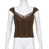 Lace-up Lace Patchwork Y2K Top Short Sleeve Summer Casual Cute Clothes Vintage Tank Tops Coquette T-shirt Women Tees
