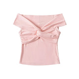 Pbong  Korean fashion black crop tops women Summer short sleeve tees twist t shirt for women pink top front tie criss cross