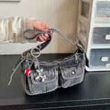 Pbong  Stylish Washed Denim Messenger Bag, Y2K Style Underarm Purse with Balloon Dog Charm Commuter Handbag Shoulder Bag for Women