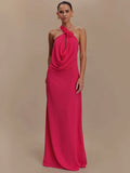 Rose Halter Off-shoulder Sexy Maxi Dress Women Rose Red Sleeveless Backless Lace-up High Waist Club Party Long Dress