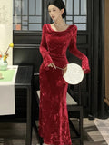 Women Autumn Vintage Velvet Long Sleeve Mermaid Prom Dress French Style Elegant Slim Bodycon Evening Party Clothes Vestidos New