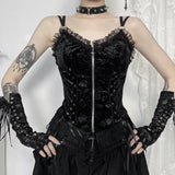 Black Rose Print Lace-up Camis Tops Vintage Sexy Elegant Backless Zipper Lace Trim Sleeveless Tank Tops Women Fashion