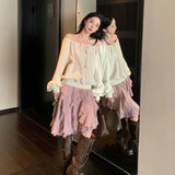 Women Pink Ruffled Skirts Elegant Korean Style High Waist Elastic Waist Asymmetric Lace Layered Short Skirts Mesh Skirt