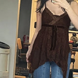 Pbong  High End Lazy American Vinateg Lace Tank Top Y2k Aesthetic Lrregular Spliced Bow Appliques Camis All Macth Summer Women Clothes