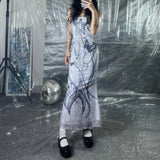 Gothic Strap Butterfly Printed Long Dress