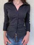 Causal Basic Women Stripe T-Shirt Long Sleeve Up Turn Down Collar Slim Black All-Match Shirts Simple Classical