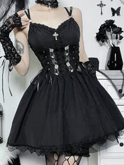 Goth Dark Lolita Gothic Aesthetic Bandage Corset Dresses Grunge Style Black Embroidery Emo Dress Women A-line Party Alt Clothes