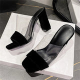 Pbong  Fashion Design Splicing PVC Transparent Open Toe Women Slippers Summer Square High Heels Party Slide Shoes
