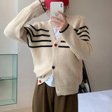 Striped Knit Cardigan Sweater with Heart-shape Button Front V-Neck Sweater Jacket Female Autumn Winter French Chic Cute Outfit