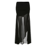 Pbong  Goth High Waist Mesh Patchwrok Mid Skirts Sexy Hem Split Ruched Bodycon Skirt E-girl Y2K Streetwear Alt Bottoms