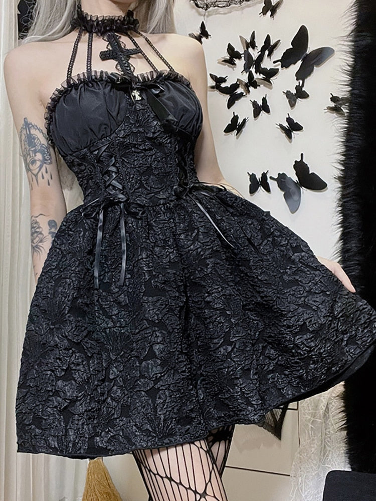 Goth Dark Gothic Emo Jacquard A-line Dresses Elegant Grunge Ruched Bandage Partywear Punk Black Women Halloween Club Dress