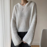 Grey Mohair Knit Hooded Sweater for Women Loose Bell-Sleeve Pullover Hoodie Female Autumn Winter Casual Chic Outfit