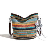 Pbong  Women Summer Straw Crossbody Purse with PU Adjustable Strap Travel Bucket Bag for Beach Vacation Travel