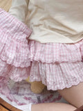New Japanese Harajuku Sweet Pink Plaid Cake Skirt Women Cute Kawaii Lolita Embroidered Elastic Waist Pleated Short Skirts