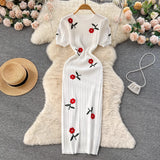 Pbong  Summer Knitted Elegant Embroidery Dress French Fashion White Black Short Sleeve Bodycon Dress Chic Lady Party Vestidos