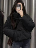 Women Fall Winter Jacket Bow Outwear Vacation Attire Black Casual Stand Collar Puffer Bow Jacket Solid Christmas Business Coat