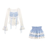 Pbong  Chic Kawaii Clothing 2 Piece Skirts Sets  Autumn Casuall Japanese Style Y2k Crop Tops Blouse + Mini Skirts Vintage Lolita Suits