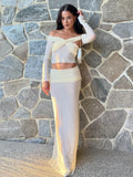 Fashion Skirt Two Piece Set For Women Off-shoulder Sheer Long Sleeve Crop Tops And Long Skirt Sexy Two Piece Sets