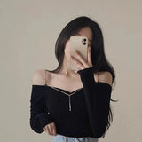 Pbong  Y2k Sexy Slash Neck Women Vintage Tshirts Temperament Chain Bodycon New Tops Long Sleeve Tunic All Match T-shirt