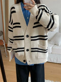 Women Cardigan Sweater Striped V-neck Button-up Sweater Jacket Comfy Cozy Slouchy Cardi Autumn Winter Casual Outfit