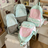 Cute Patchwork Student Book Backpack Ladies Lace Bow Decor Multi Pocket Daily Travel Shoulder Bag Women Fashion Back Packs