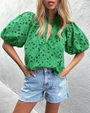 Pbong  Fashionable Casual Lace Embroidery Women's Shirt V-Neck Button Hollow out Lantern Sleeve Summer Top Cross-Border Clothing