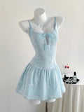 Pbong  Elamini Sweet French Bow Collar Embroidered Floral Decor Holiday Dress, Waist Gathered Ballerina Style Spaghetti Strap Dress