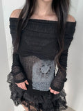 See Through Dark Printed T Shirt Casual Slash Neck Long Sleeve Tees Women Autumn Spring Fashion Streetwear Ladies