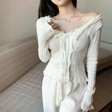 Pbong  Sexy Sweater Long Sleeve Cropped Cardigan V Neck Hollow Out  Knit Lace Up Top Bandage Single Breasted Tops