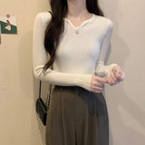 Pbong  French Style Slim Fit V Neck Knitwear Long Sleeve Womens Base Layer Black Sweater Autumn Winter Shirt
