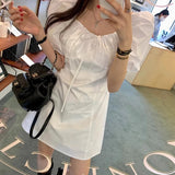 Pbong  Chic Summer Anti-Aging  Knot Square Collar Dress Women's Waist Cinching Slimming Bubble Sleeve Short Dress