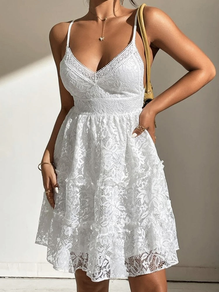 White Lace Mini Dress Women Summer Sexy V Neck Sleeveless Backless Dress Ladies Elegant Fashion Floral Embroidered Lace Up Dress