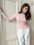Soft Modal Knit Autumn Women's T-shirts Round Neck Long Sleeve Simple Basics Tees Solid Color Pink Fashion Spring Slim Top Woman