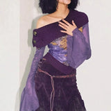 Off Shoulder Flare Sleeve Asymmetrical Tops Purple Print Mesh Shirts Graphic Tee Y2k Fall Clothes Women