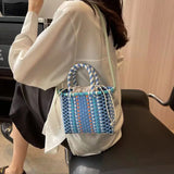 Pbong  Fashion Colorful Woven Mini Tote Bag with Drawstring Closure Lightweight Large Capacity Crossbody Purse for Summer Beach Outings
