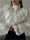 Pbong  Women's French Palace Style Fairy Collar Chiffon Flouncy Long Sleeve White Shirt Elegant Lady Top
