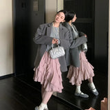 Women Pink Ruffled Skirts Elegant Korean Style High Waist Elastic Waist Asymmetric Lace Layered Short Skirts Mesh Skirt