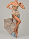 Leopard Print Lace Split Sexy Maxi Dress Women Gown Elegant Patchwork Chiffon Sleeveless Backless Beach Evening Dress