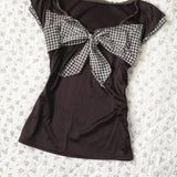Pbong  Y2k Japanese Lolita Kawaii Slim Bow Short Sleeve Tees Subculture Sweet Vintage T Shirt 2000s Harajuku Plaid Patchwork Tops Chic