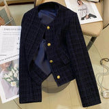 Ladies Short Jacket 2025 Spring Autumn Navy Blue Small Fragrance Lady Outerwear Korean Version Temperament Women's Short Tops