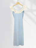 Peter Pan Collar Ruffle Knit Long Dress 2025 Blue Embroidery Patchwork Sweet Chic Tank's Dress Sleeveless Slim Summer Dresses