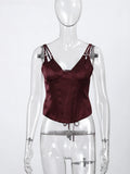 Women Solid Deep-V Satin Camisole Corset Top Elegant Double-Strap Fitted Cropped Back-Tie Chic Versatile Date Lady Tops