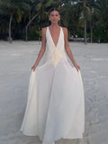 Women Sexy Deep V-neck Lace Patchwork Long Dress Elegant White Sleeveless Backless Slim Robes New Evening Party Dresses