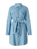 Pbong  Women Autumn Denim Shirt Dress Solid Color Long Sleeve Button-Down Lapel Short Dress with Belt